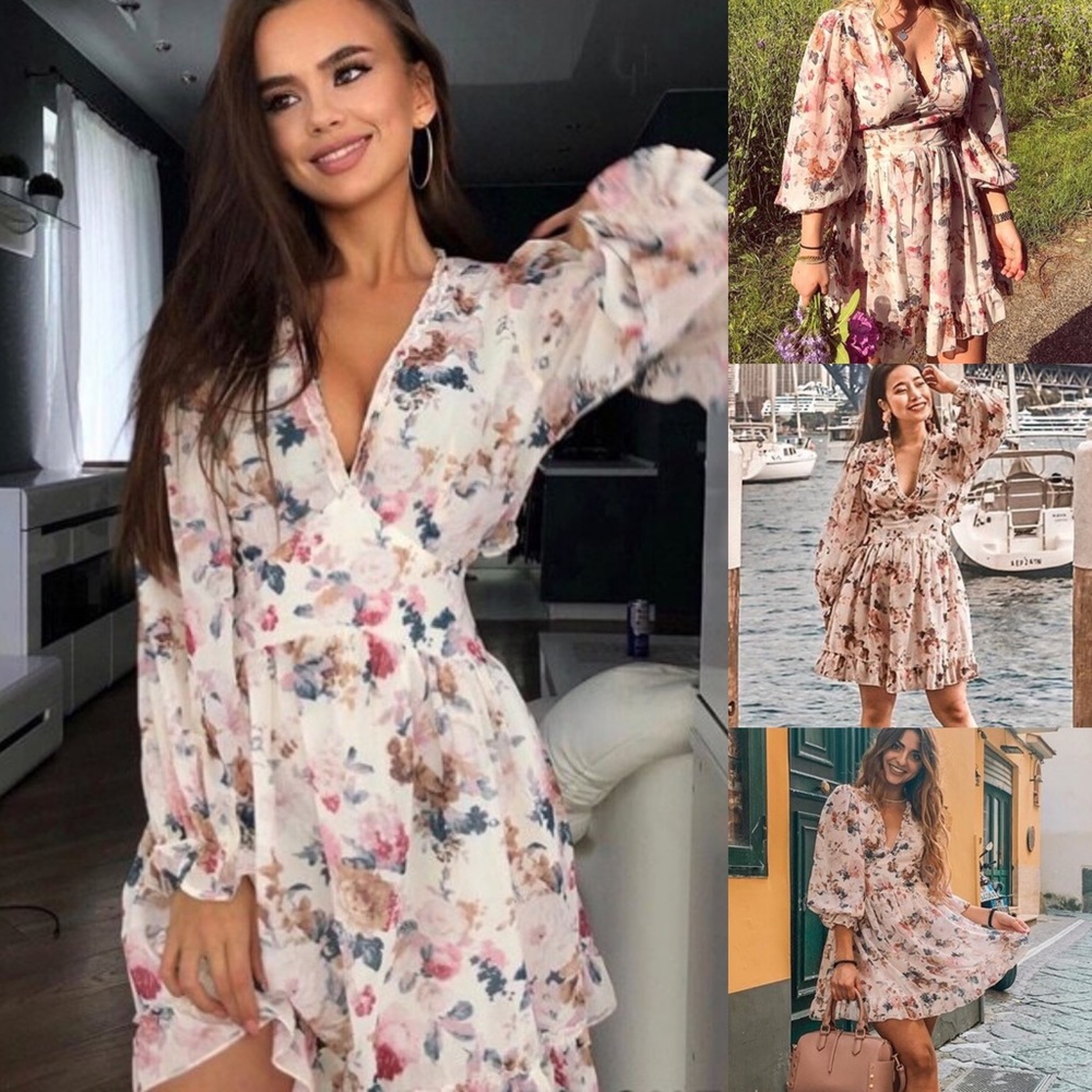 Ruffle open back long lantern sleeve dress floral - Picture 3 of 3